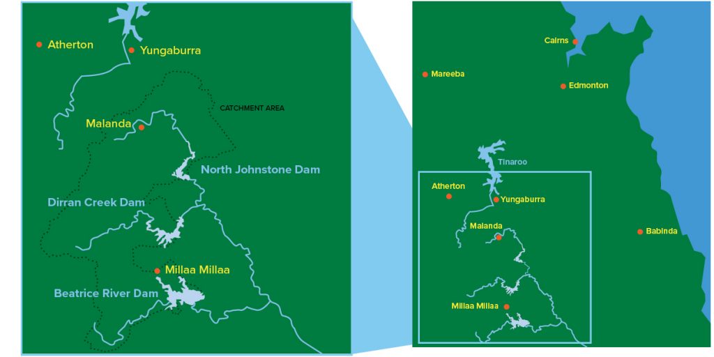 Map showing the location of proposed three dams on the Atherton Tablelands